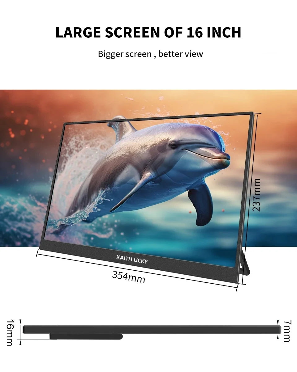 16-Inch Portable Touch Monitor, 1200P HDR 16:10, Non-Touch Optional, External Second Screen for Xbox, PS4/5, Switch, Phone, PC,