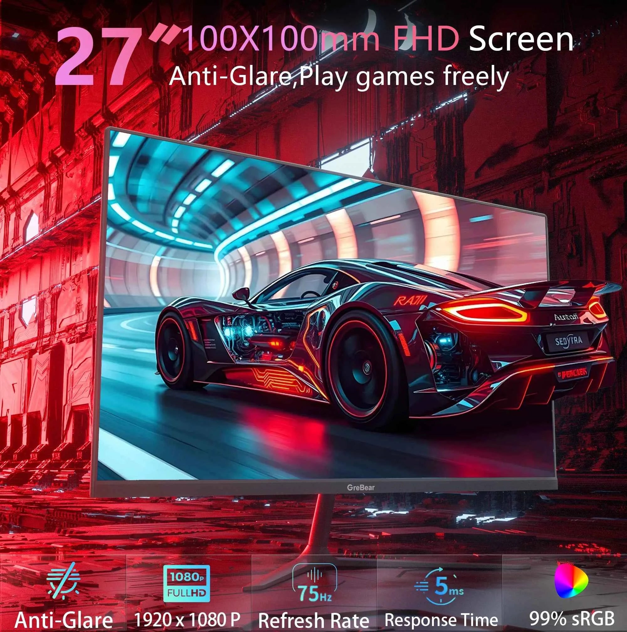 GreBear 27-inch Computer Monitor IPS Panel PC Monitors FHD 1080p 75Hz LED Display Home Office Desktop Screen, HDMI, VGA