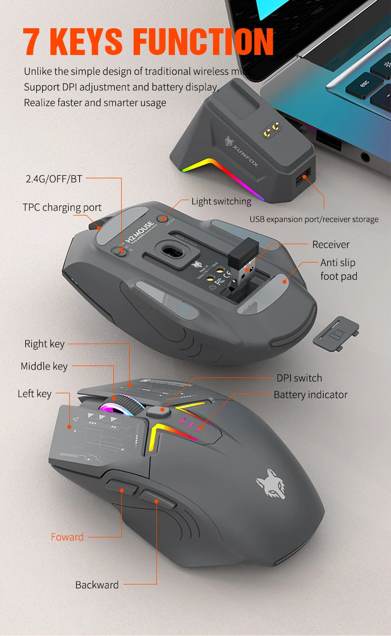 H2 Mouse, lightweight S205, three-mode wireless Bluetooth mouse for gaming, charging, RGB lighting, suitable for