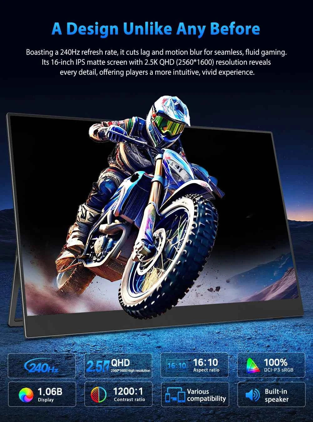 UPERFECT QLED Portable Monitor 16'' 2.5K 2560×1600 16:10 400Nits 100% DCI-P3 HDMI USB-C Travel Gaming Display For Laptop MacBook