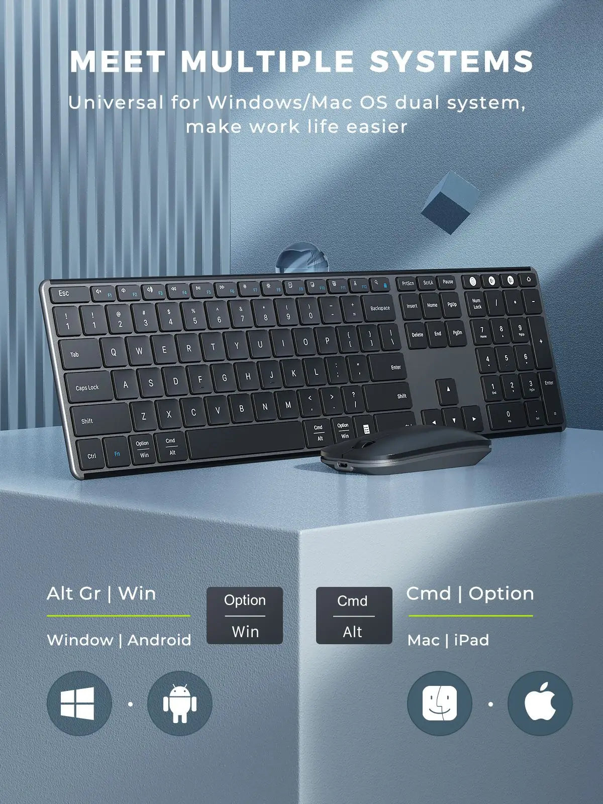 Wireless Bluetooth Keyboard and Mouse Combo Multi-Device Rechargeable Slim Keyboard and Mouse for Win 8 10 MacBook Pro Air iPad