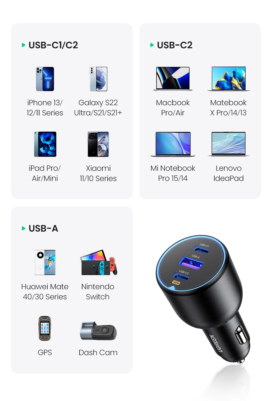 UGREEN 130W USB C Fast Car Charger For Xiaomi iPhone 17 Samsung Galaxy S25 Laptops PD3.0 Fast Charging USB Type C Car Charger