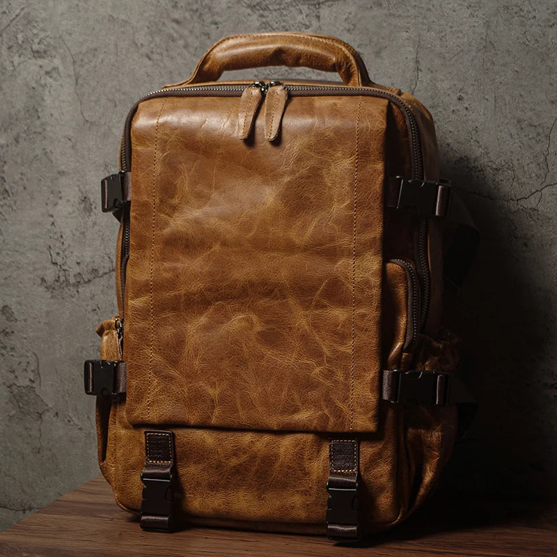 NUKA Men Top Grain Leather Backpack 15 Inch Laptop Bag For Daily Commute Travel Outdoor Hiking Genuine Leather Durable Rucksack