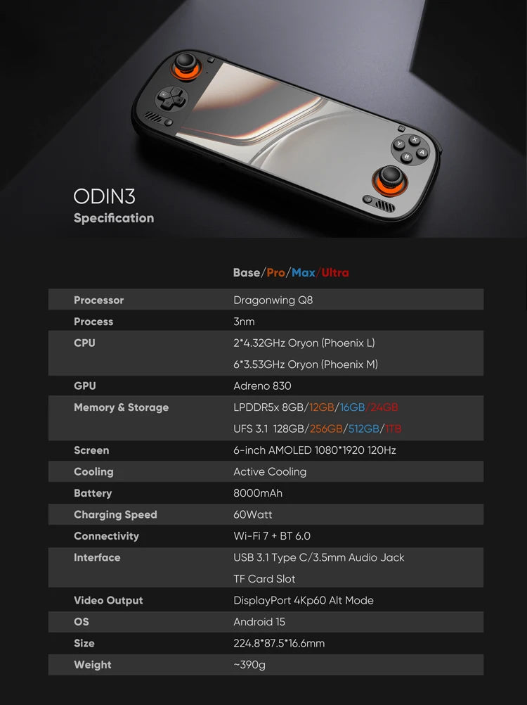 AYN Odin 3 Android Handheld 6'' 1080p AMOLED Screen Gaming Console Handheld