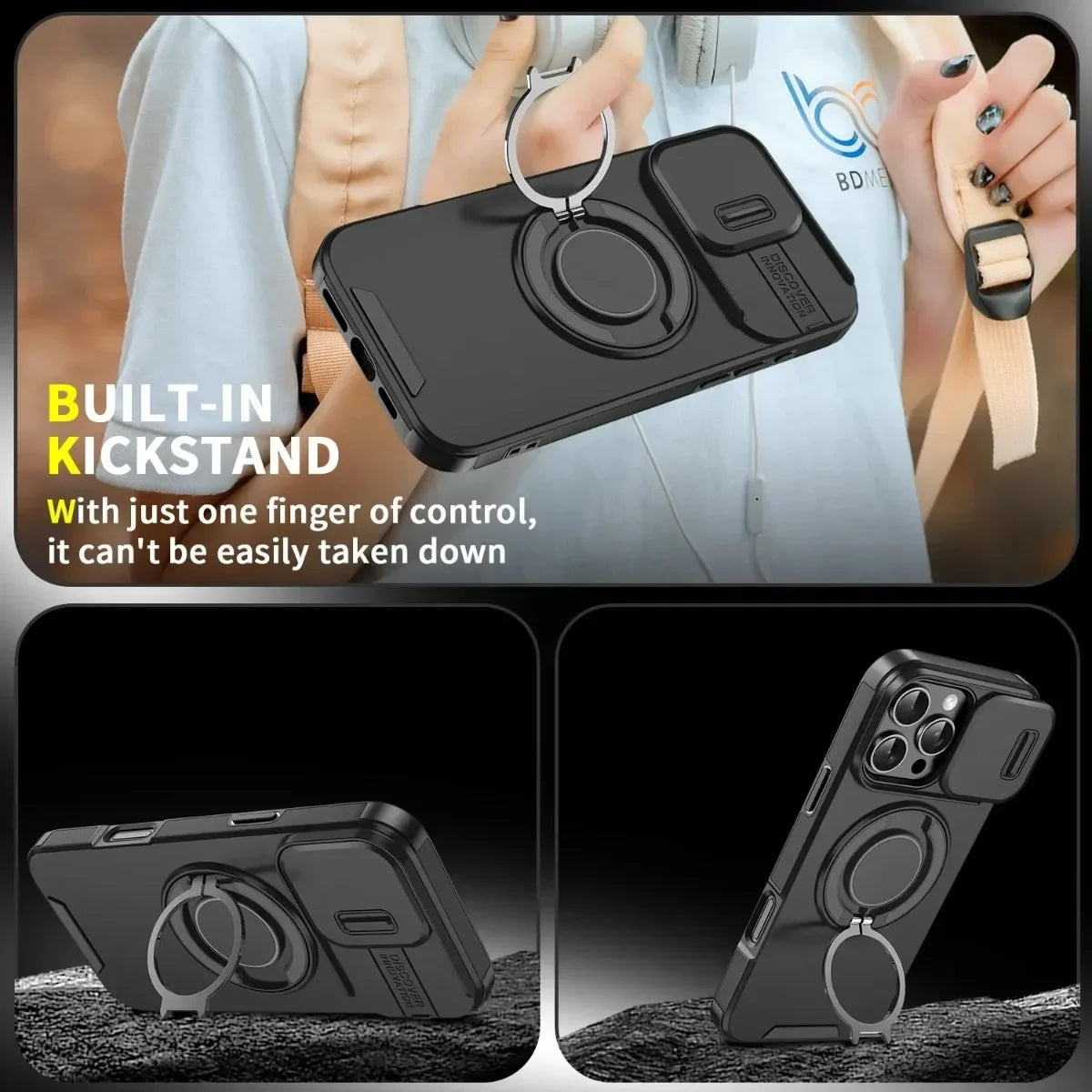 Armor Magnetic Bracket Case for iPhone 16e 16 14 13 12 11 15 Pro Max Plus With Lanyard Slide Camera Protection Shockproof Cover