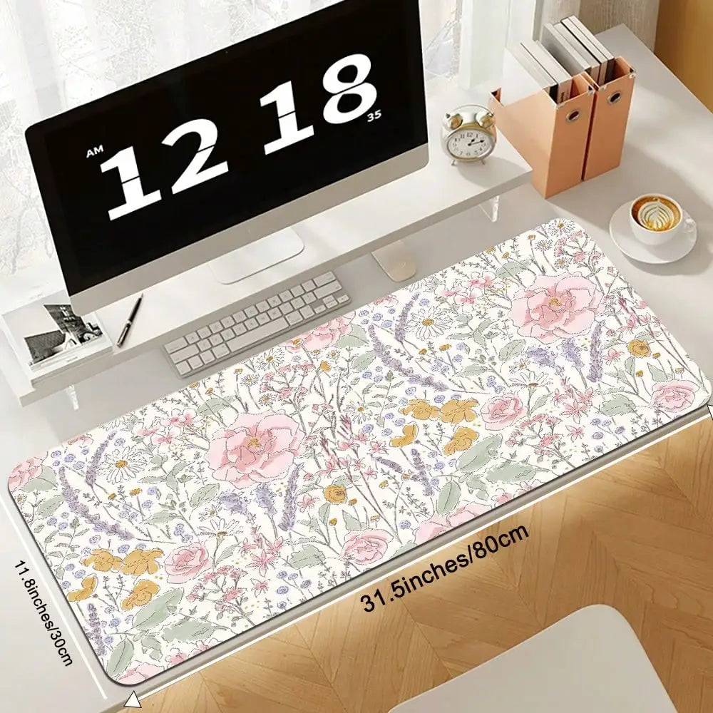 1pc Cute Floral Desk Mat Pink Flowers Plant Mouse Pad XXL Large Extended Gaming Mousepad Women Office Decor Desk Pad, Big Laptop Computer Keyboard And Mouse Mat