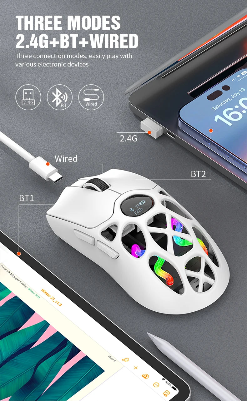 XUNFOX H16PRO Mouse, lightweight S205, three-mode wireless Bluetooth mouse for gaming, charging, RGB lighting, suitable for P
