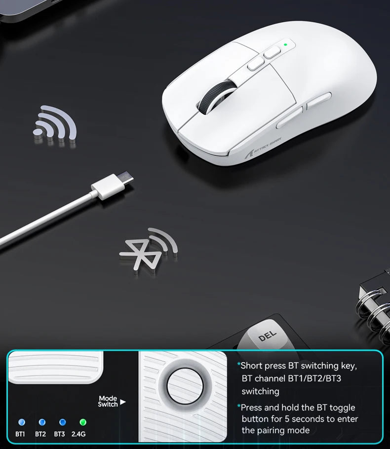 ATTACK SHARK X6 Wireless Macro Gaming Mouse PAW3395 26000 DPI Tri-Mode Wired/2.4G/BT5.2 Connection Magnetic Charging Base Mouse