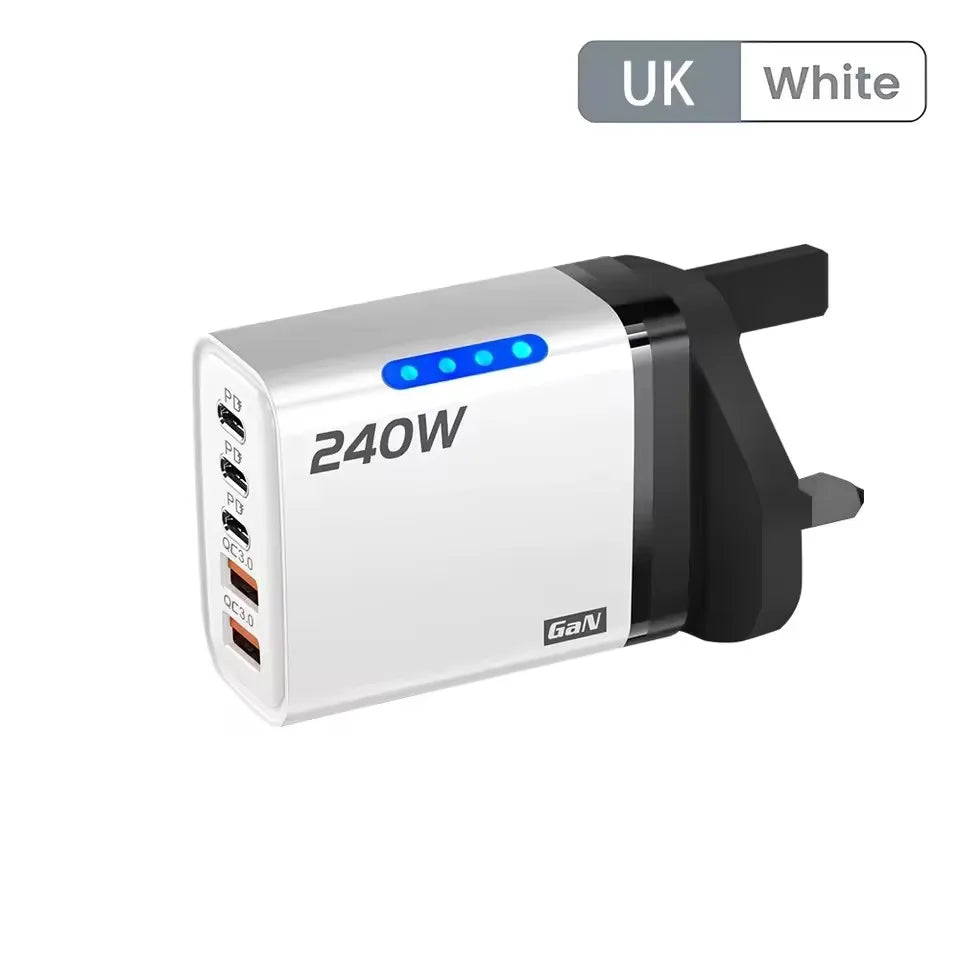 5 IN 1 GaN Desktop Charger For iPhone17 16Pro Laptop Samsung 240W Fast Charging Adapter 10A USB To Type-C Cable 3PD 2USB Charger