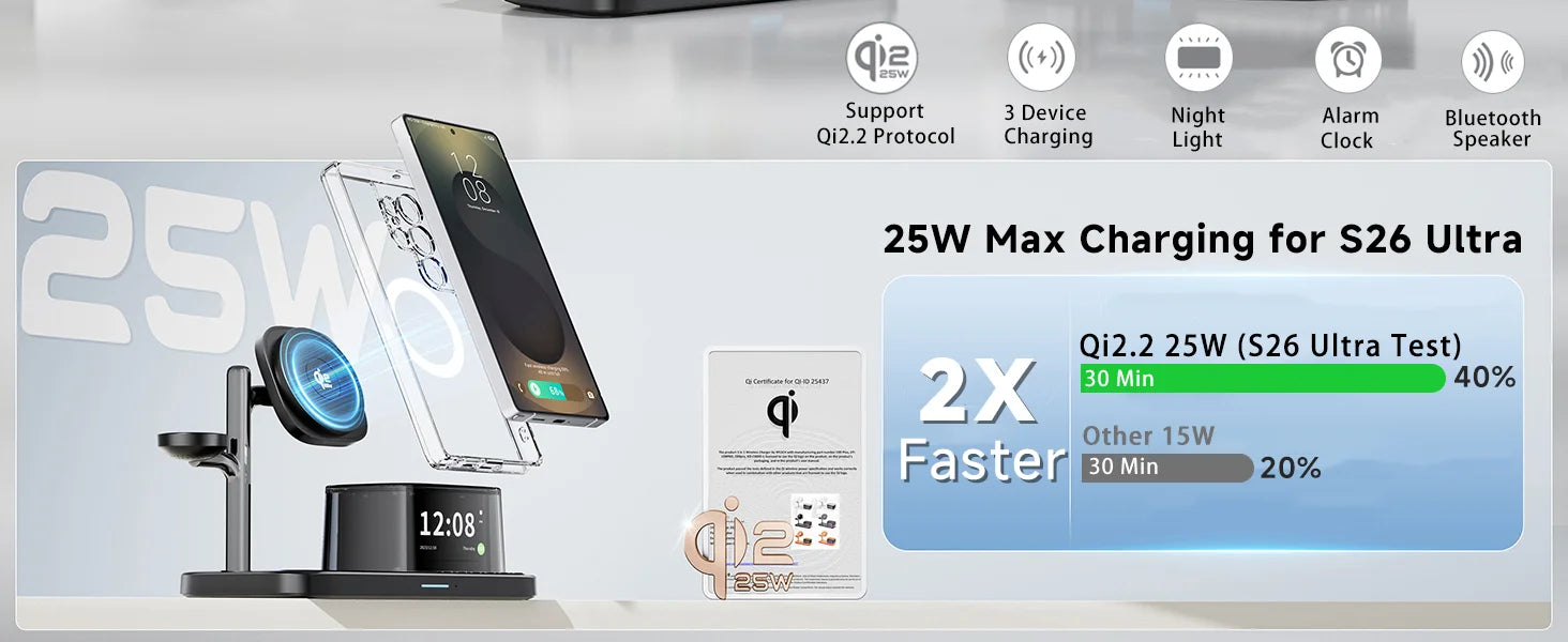 25W Magnetic Wireless Charger Stand Bluetooth Speaker Fast Charging For iPhone Samsung S26 S25/Z Fold 7 Galaxy Watch Ultra 8 7