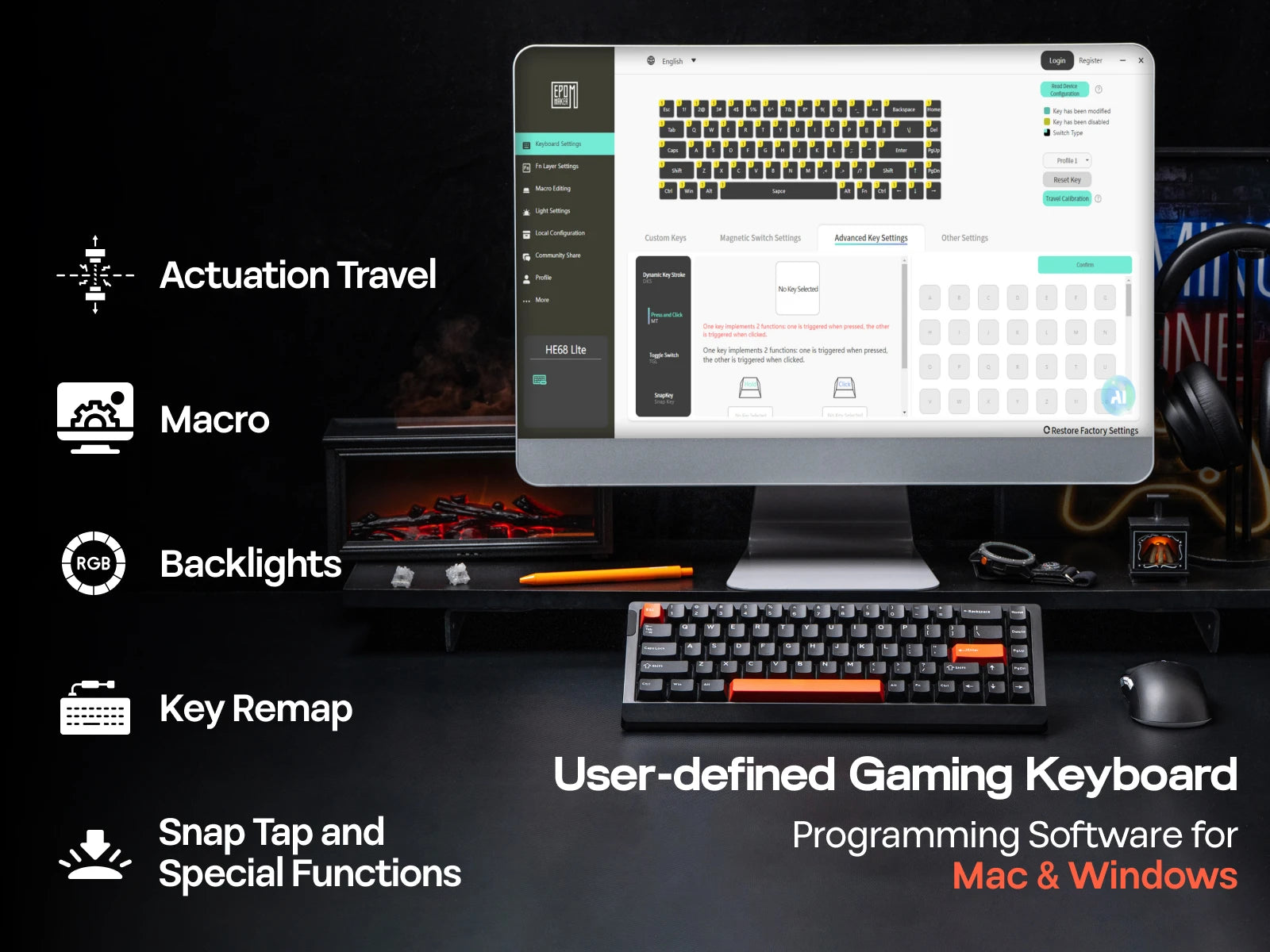 EPOMAKER HE68 Lite 65% Layout Tray-Mounted Wired Hall Effect NKRO Magnetic Keyboard DKS SOCD 8kHZ Polling Adjustable Actuation