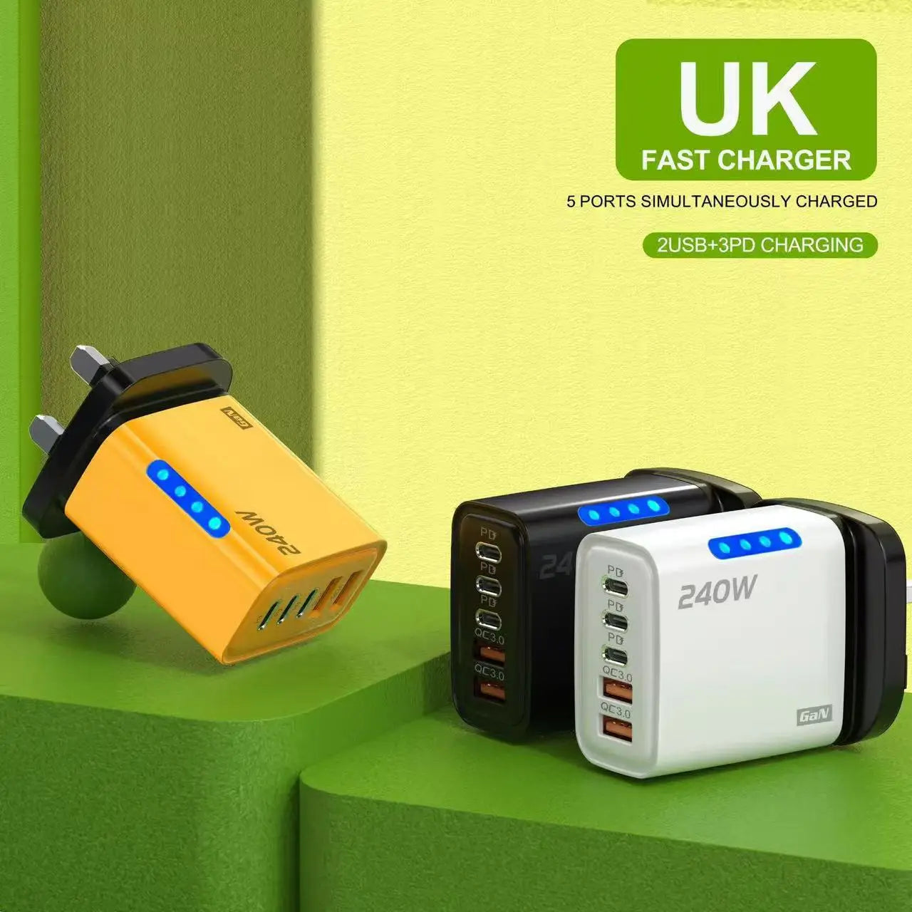 240W GaN Charger 5-in-1 3USB-C PD and 2USB-A QC3.0 Fast Charging for iPhone 16 17 Samsung S25 S24 Xiaomi 15 16 17 Huawei Mate