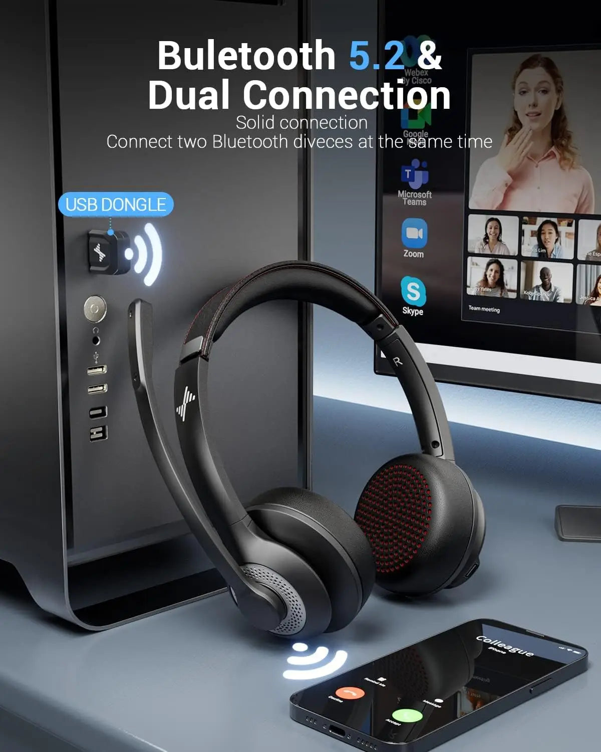 JIAMQISHI EH02P Wireless Headset with AI Noise Cancelling Microphone Headphones Bluetooth V5.2 with USB Dongle,Charging Base