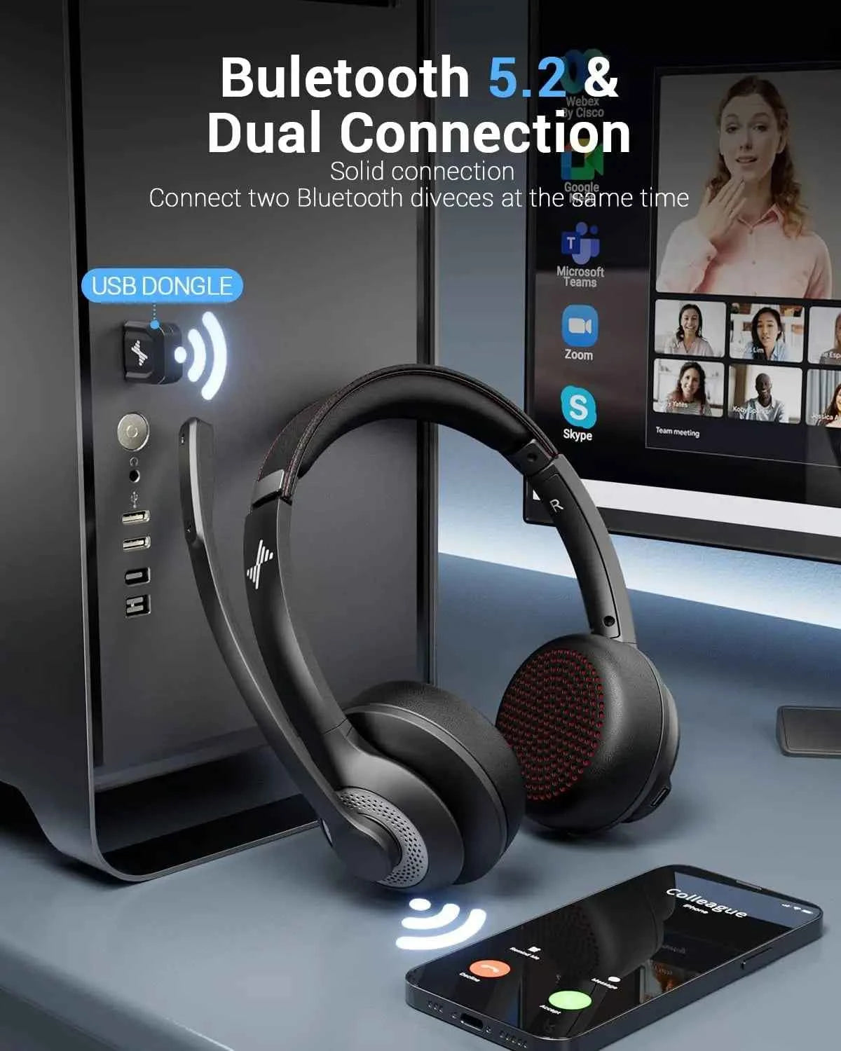 JIAMQISHI EH02P Wireless Headset with AI Noise Cancelling Microphone Headphones Bluetooth V5.2 with USB Dongle,Charging Base