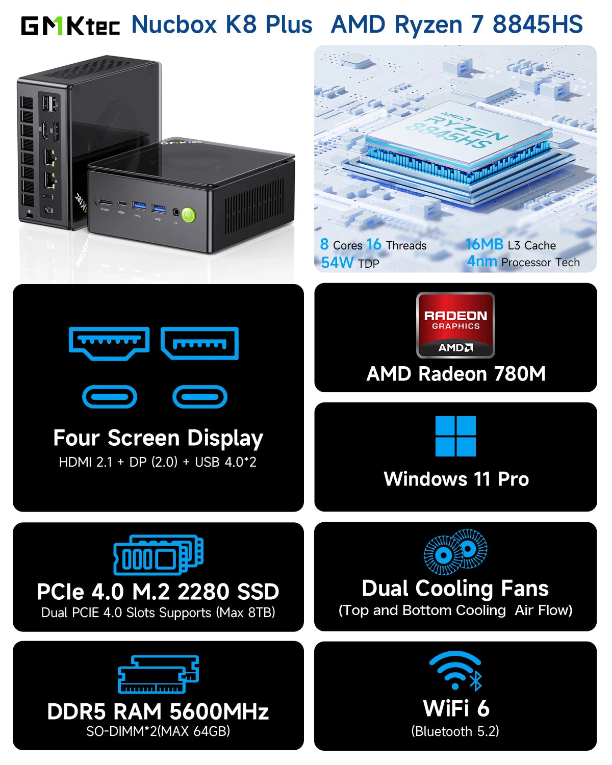 GMKtec K8 Plus Mini PC AMD R7-8845HS NUCBOX Window 11 Pro AMD Radeon™ 780M Oculink*1（PCIE GEN4*4)） DDR5 5600MHz - WinSupport Tech