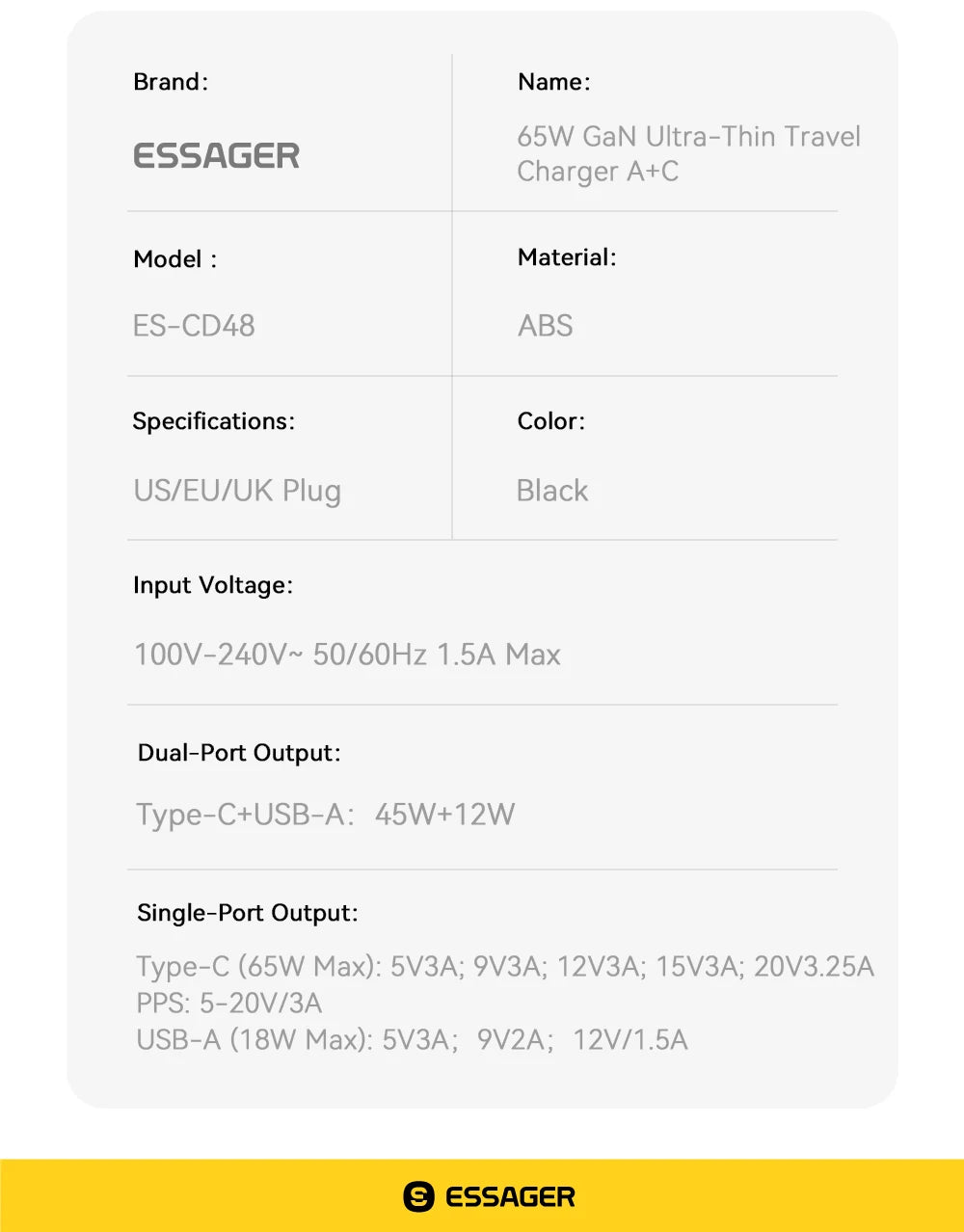 Essager Ultra Thin 65W GaN pro Travel Charger Quick Charge 4.0 PD3.0 Portable Type-C for iPhone 17 16 15Samsung MacBook Laptop