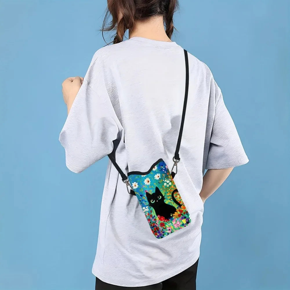 Women’s Black Cat Floral Print Mini Crossbody Phone Bag, Adjustable Strap Casual Canvas Shoulder Purse for Daily Use, Perfect for Carrying Phone, Cards, Keys and Lipstick, Cute and Practical Gift for Cat Lovers.