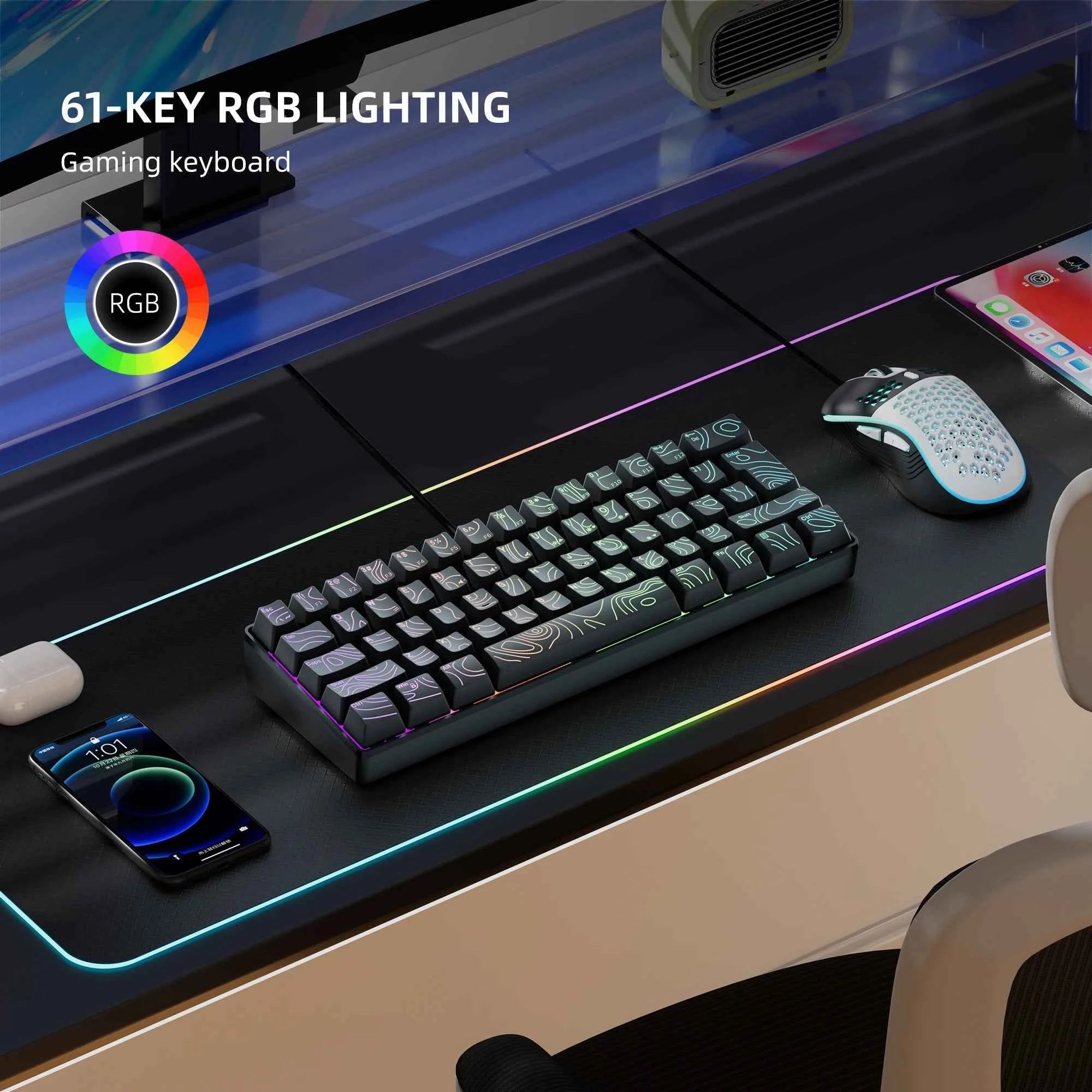 60% Compact Wired Keyboard with RGB Backlight and Membrane Keyswitches. Suitable for Windows tablets, laptops and gamers. Black.