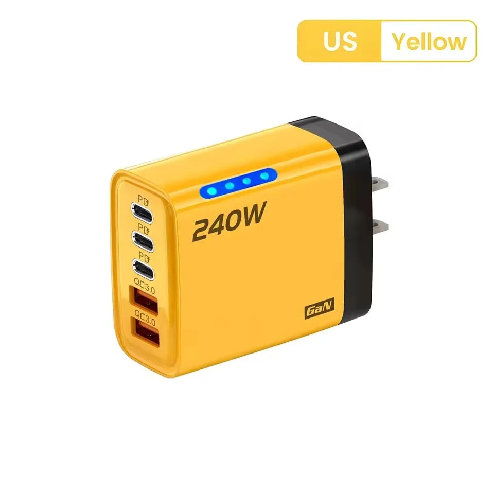 5 in 1 GaN USB C Desktop Charger 240W Fast Charge Phone Adapter Type C Cable For iPhone Samsung Xiaomi EU/US/UK Plug Charger