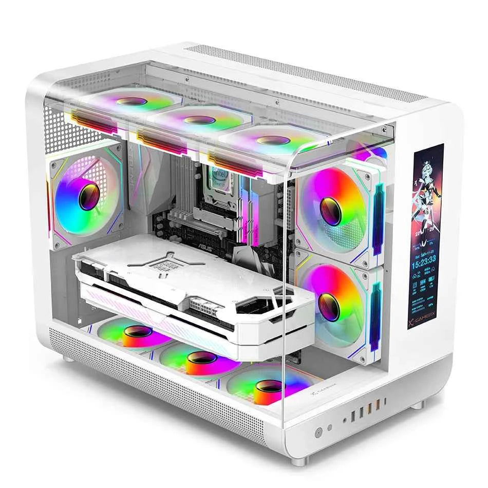 PowerTrain  X-GAMERX Phantom Wings LCD Edition Black Seaview Room Case MATX Vertical Desktop Computer 360 Water-cooling Host