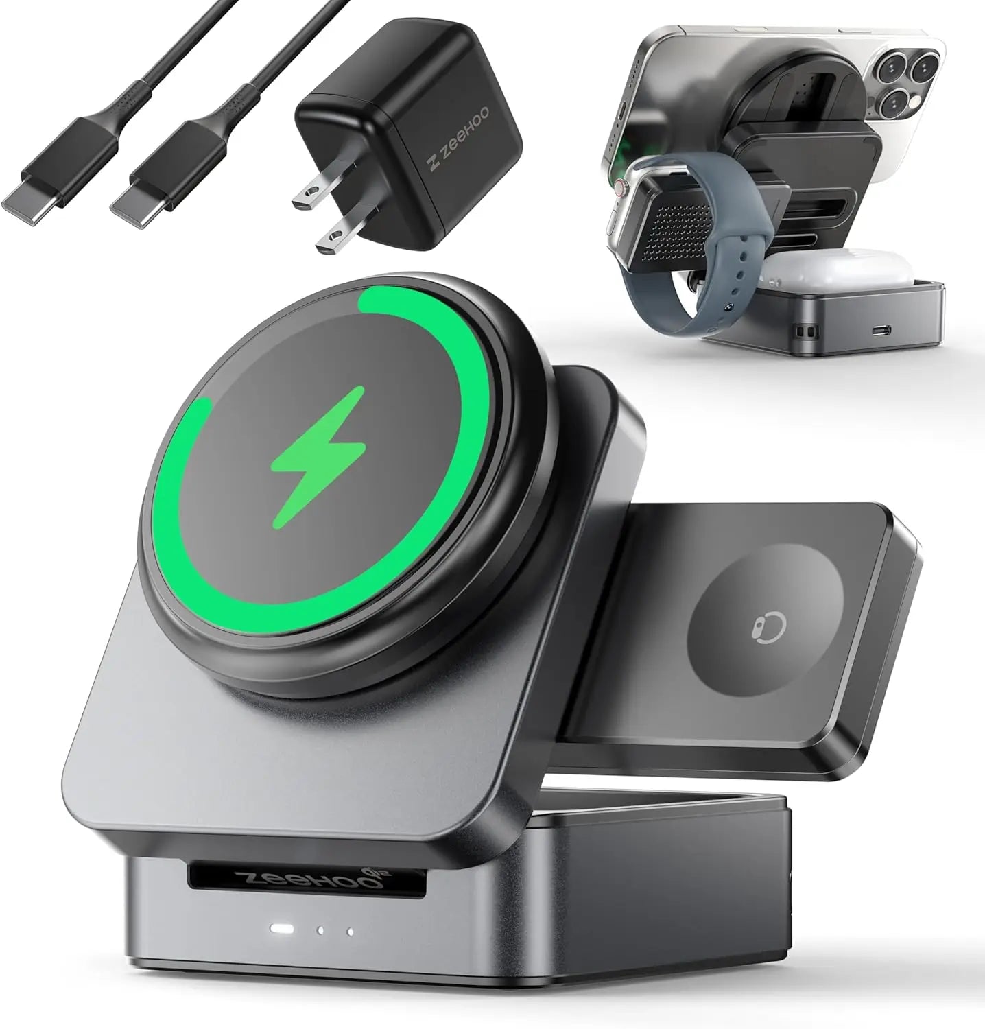 3-in-1 Foldable Magnetic Wireless Charging Station, Qi2 Certified 15W Travel Charger for iPhone 16/15/14/13/12 Series, Apple Watch, AirPods, 30W Adapter Included