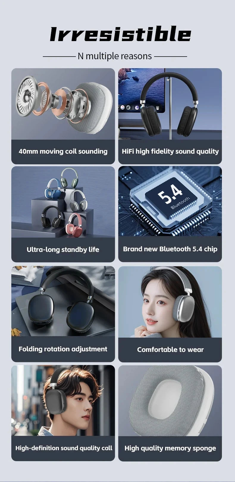 New Arrivals Wireless Bluetooth Headphones Over Ear Noise Cancelling Headset HiFi Stereo Deep Bass Foldable Wireless Earphones Built in Microphone Gaming Music Sports Travel Comfortable Ear Cushions