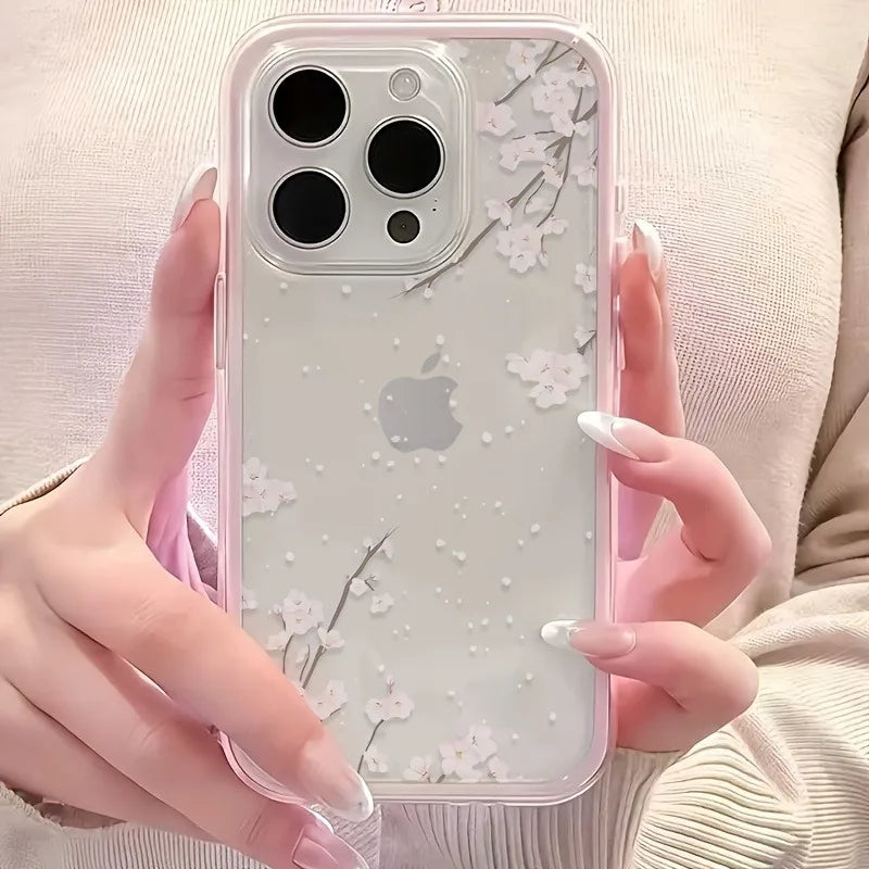 Beautiful Cherry Blossom Snowflake Colorful 2-in-1 Soft Transparent Phone Case for iPhone 17 16 15 14 13 12 11 Pro Max Phone