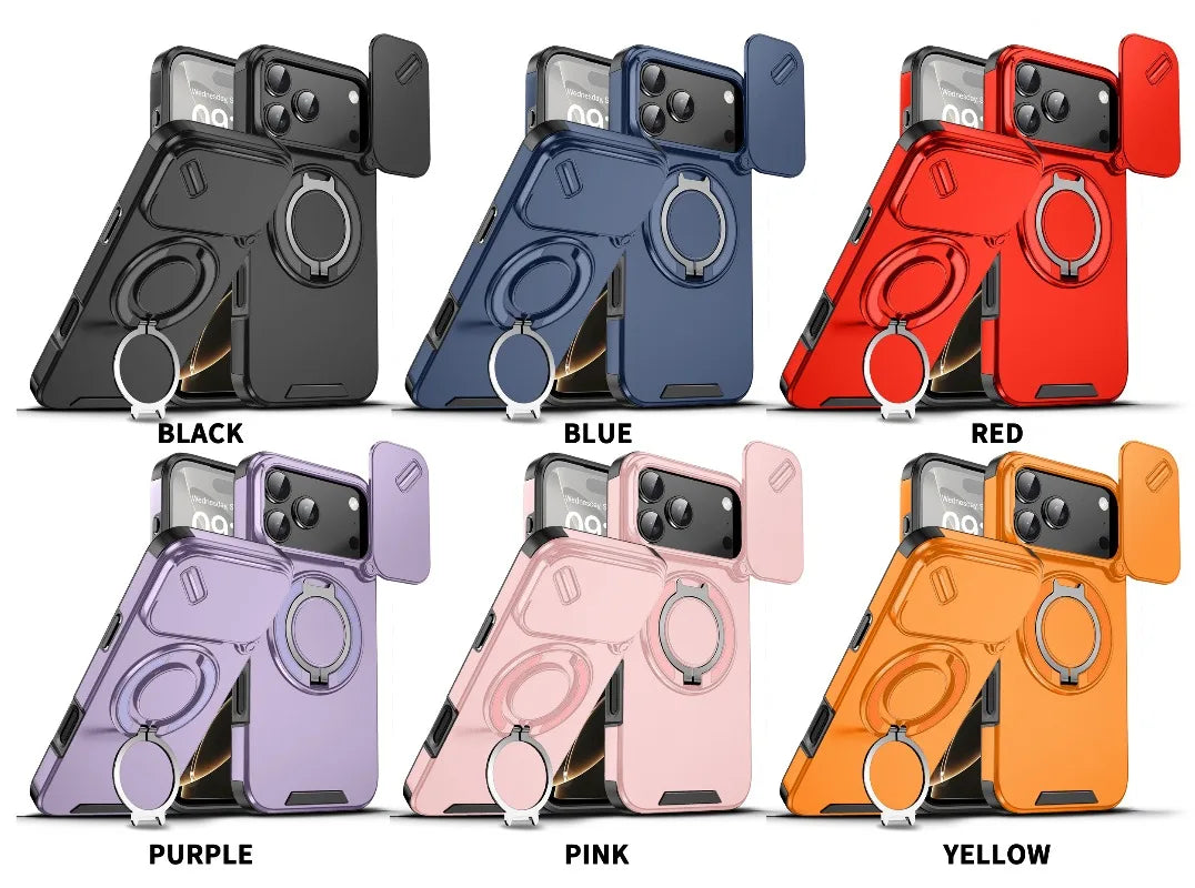 Luxury Heavy Duty Rugged Armor Magnetic Bracket Case For iPhone 17Air 16 15 14 17 Pro Max Plus Slide Camera Protection PC Cover