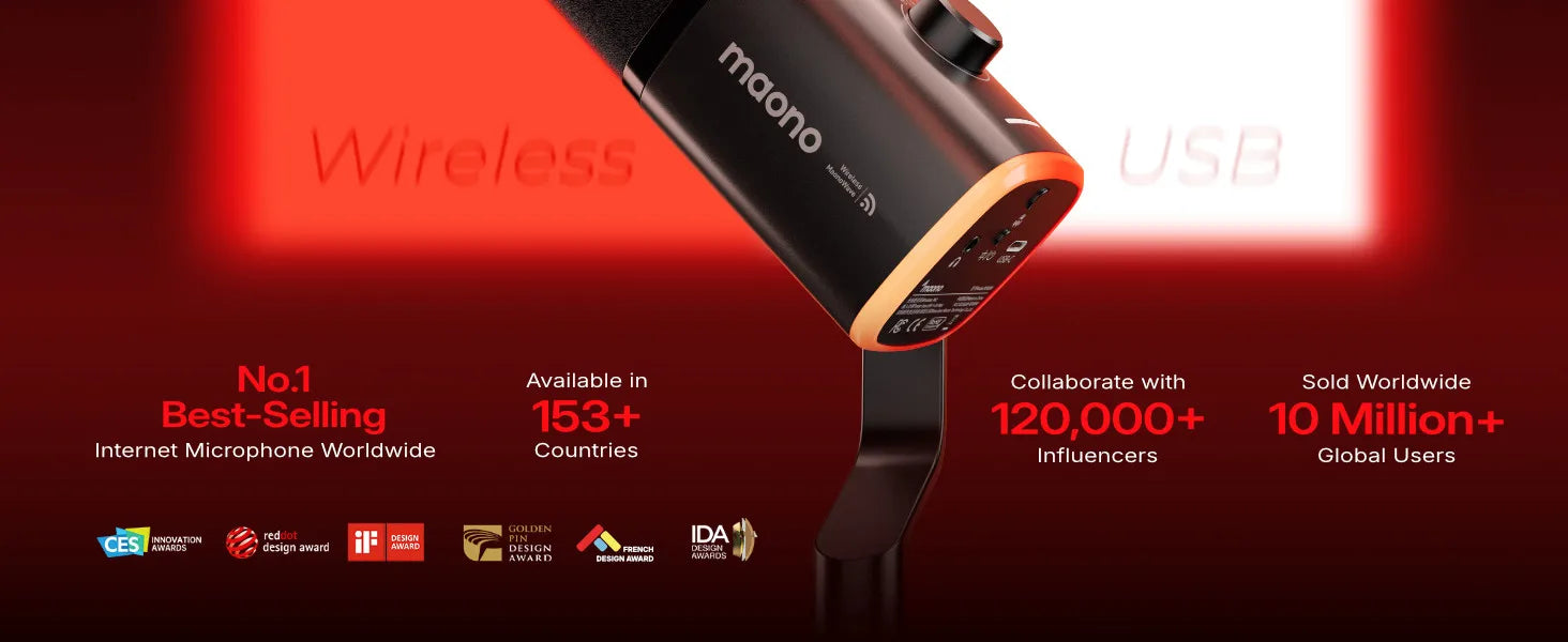 MAONO PD100W Wireless Dynamic Microphone Cardioid Dynamic Mic 50m Range One-Touch Noise Reduction RGB for Gaming Live Streaming