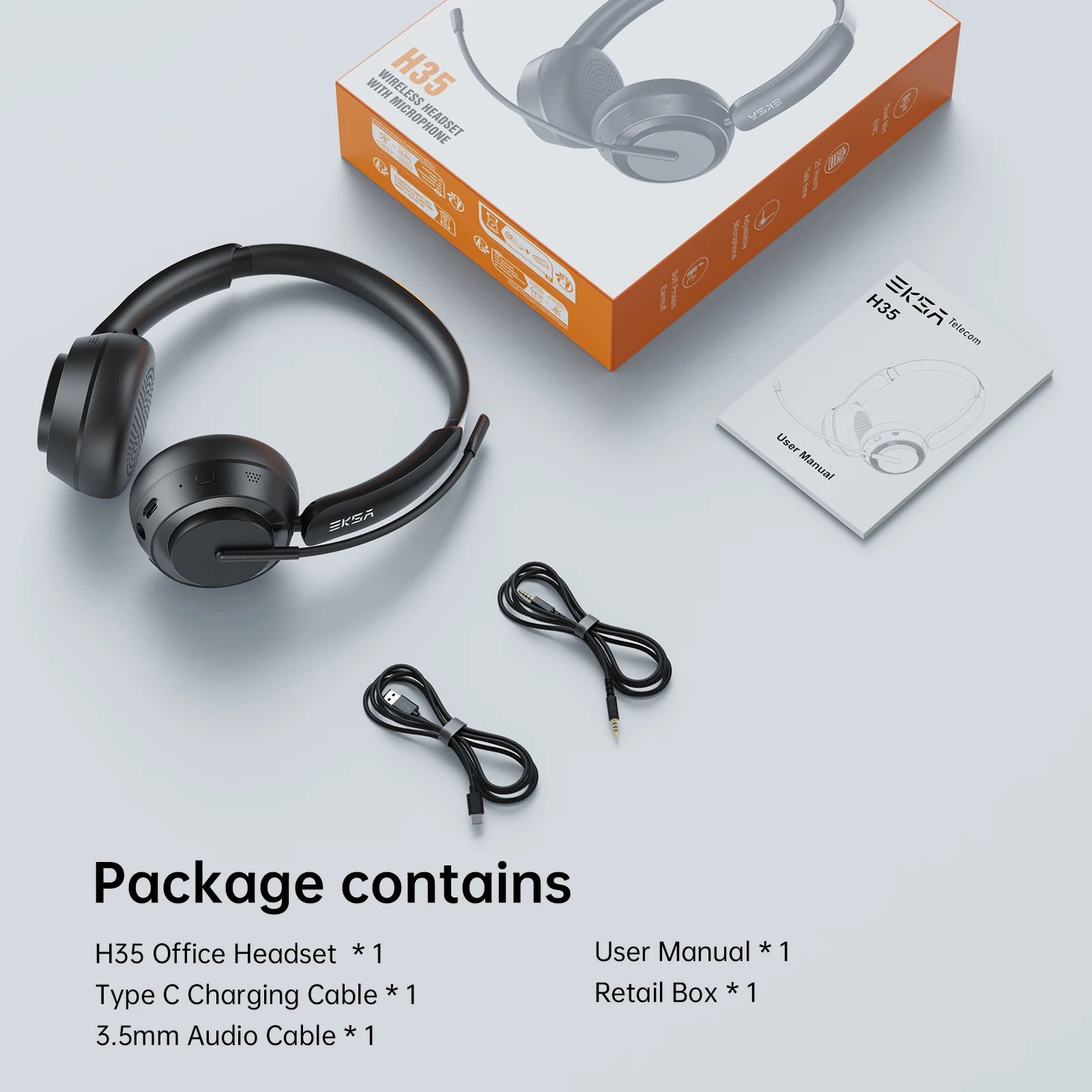 EKSA H35 Bluetooth 5.4 Headset for Office, Ultra-light Foldable Wireless Headphones with ENC Noise Cancelling Microphone