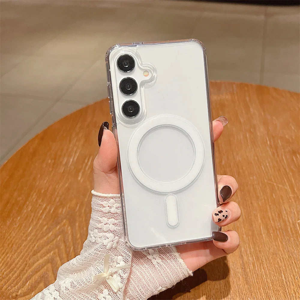 Magnetic charging phone case for Samsung S22 to 25 A14 15 16 35 36 54 56, transparent acrylic ultra-thin protective case