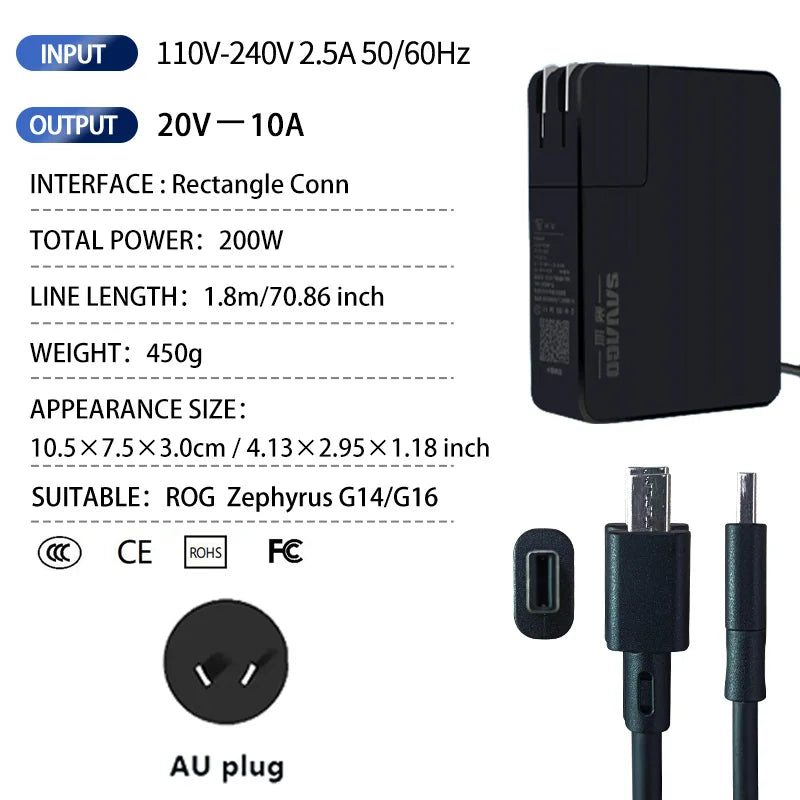 SAVAGO 20V10A 200W AC Adapter Laptop Power for ASUS ROG Zephyrus G14 2024 GA403 GaN Charger for Rog G16 2024 GU605