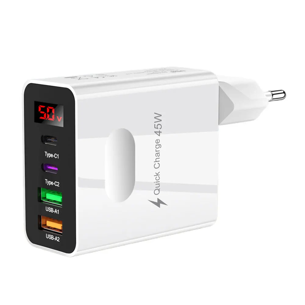 45W Multi Plug Wall Charger 2 Type-C 4 Ports Fast Charging Head Digital Display Quick Charger Head for iPhone 14 Xiaomi Samsung
