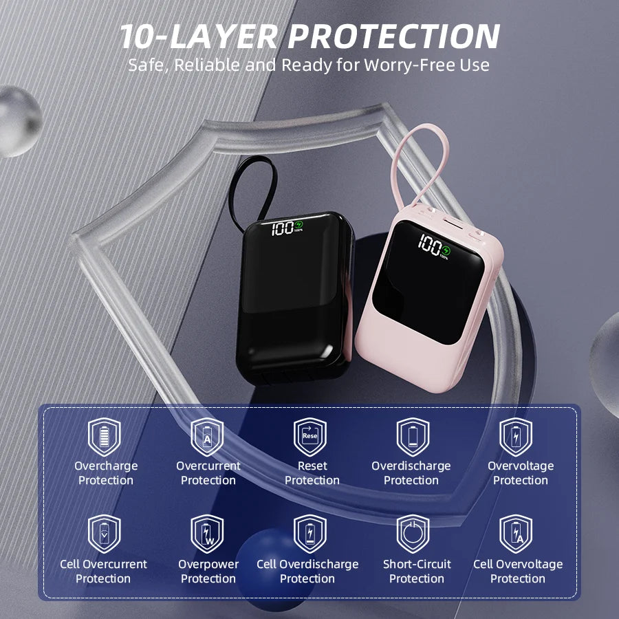 10000mAh Portable Power Bank for Universal Devices Super Fast Charging with Built-in Cable Large Capacity Power Bank for iPhone Samsung Huawei Xiaomi