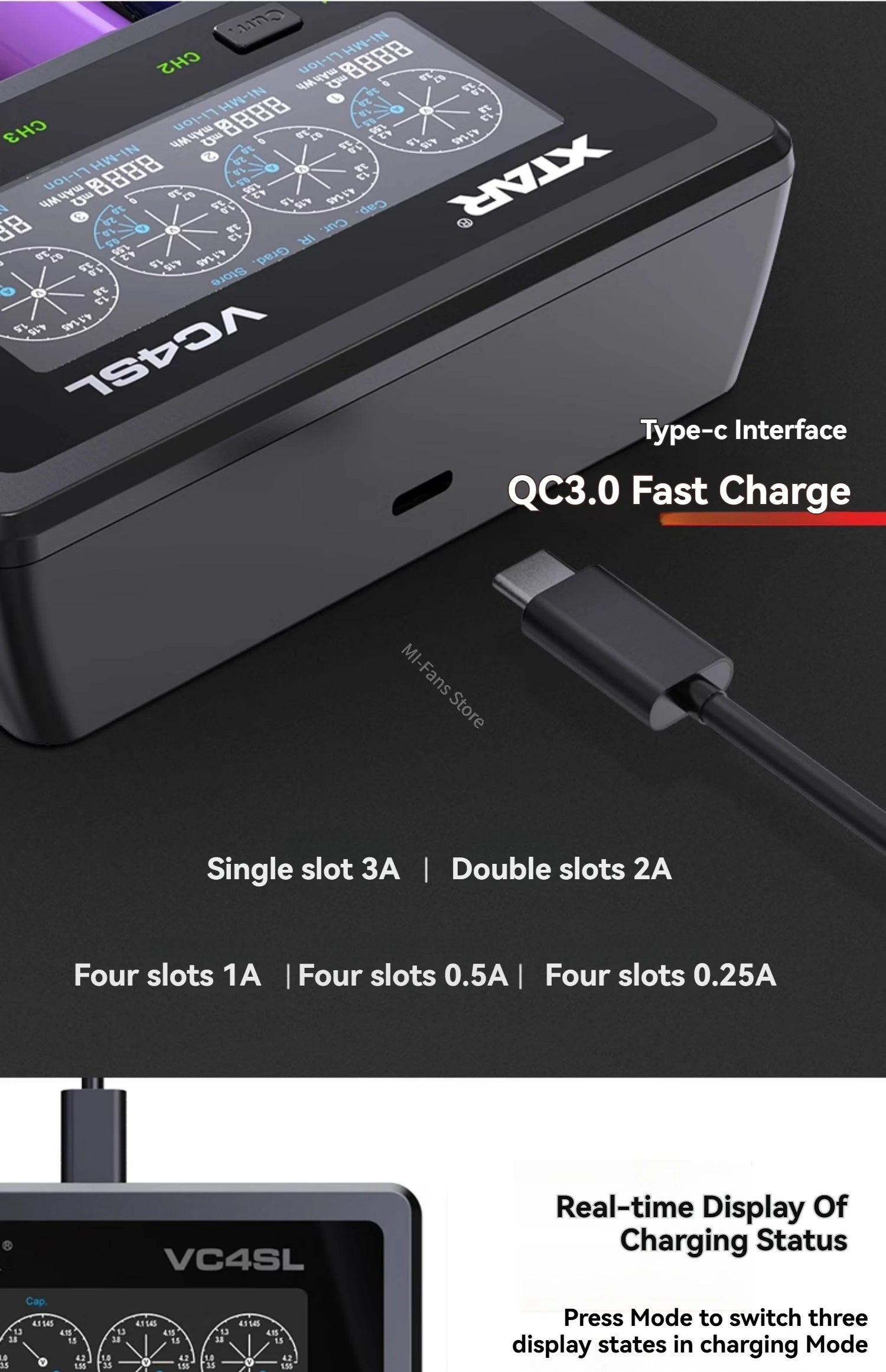 Original NEW XTAR VC4SL Battery Charger Type-C QC3.0 Fast Charge LCD Screen Display Ni-MH Li-ion 18650 AA/AAA Batteries Charger
