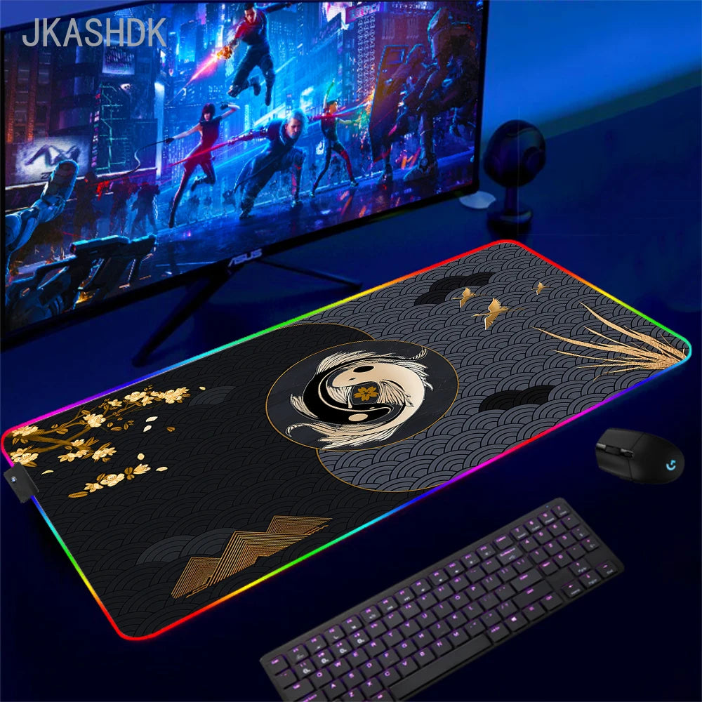 Large RGB Mouse Pad Koi Fish Gaming Mousepad LED Mouse Mat Gamer Mousepads Yin Yang Desk Pads RGB Keyboard Mause Mats XXL 100x50