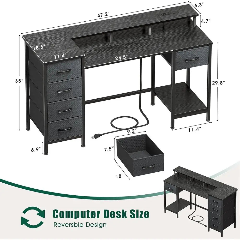 47 Inch Gaming Desk with Power Outlets and LED Lights, Reversible Computer Desk with 5 abric Storage Ders, Home Oice Desk with M