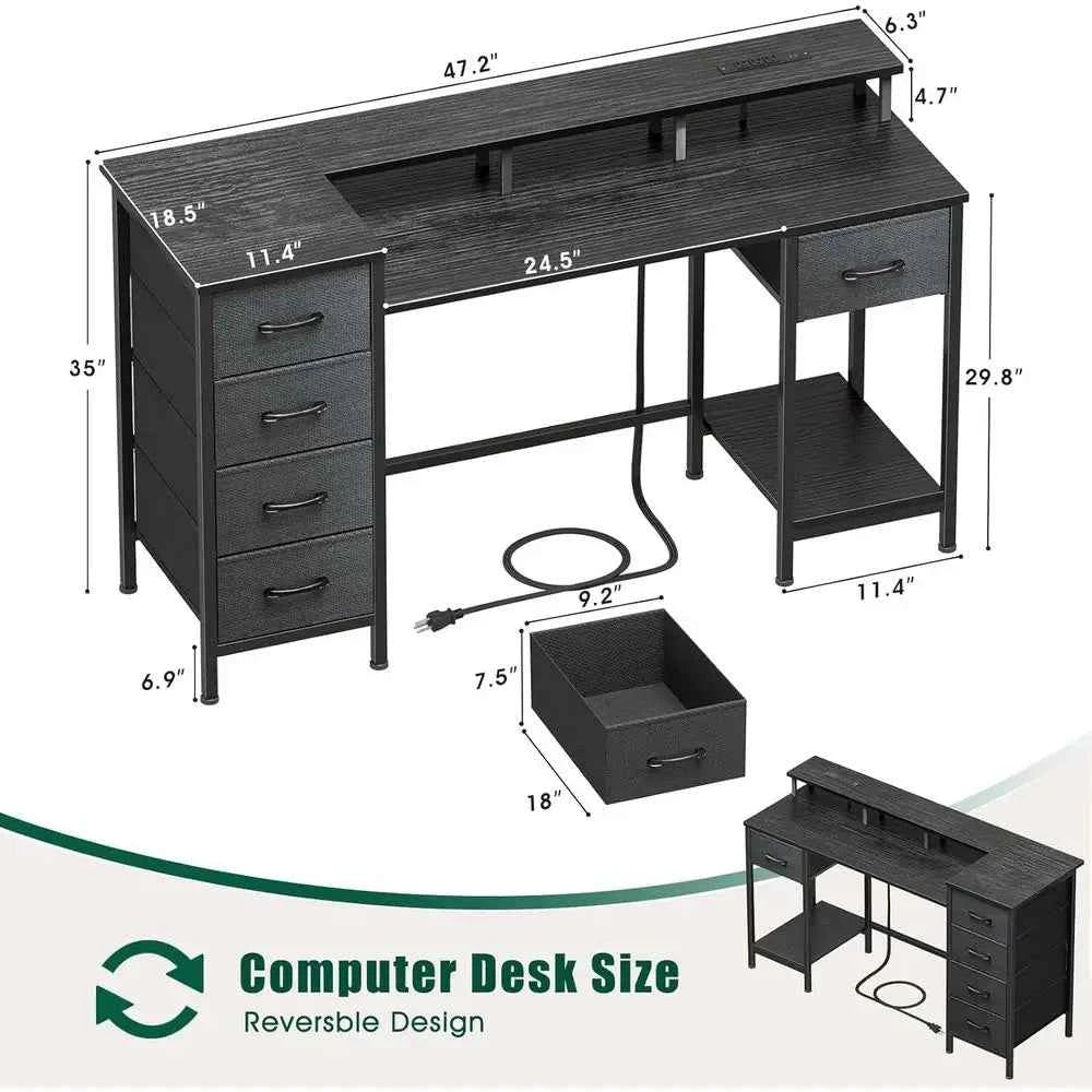 47 Inch Gaming Desk with Power Outlets and LED Lights, Reversible Computer Desk with 5 abric Storage Ders, Home Oice Desk with M
