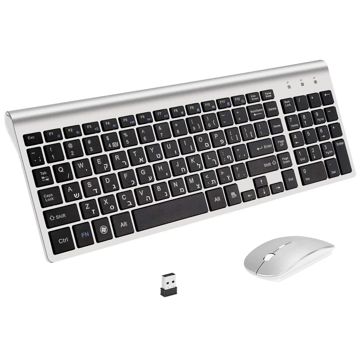 2.4G Hebrew Character Low Noise 101 Keys Wireless Keyboard Mouse Combo Slim Mice Compact Israel Wireless Keyboard for Desktop