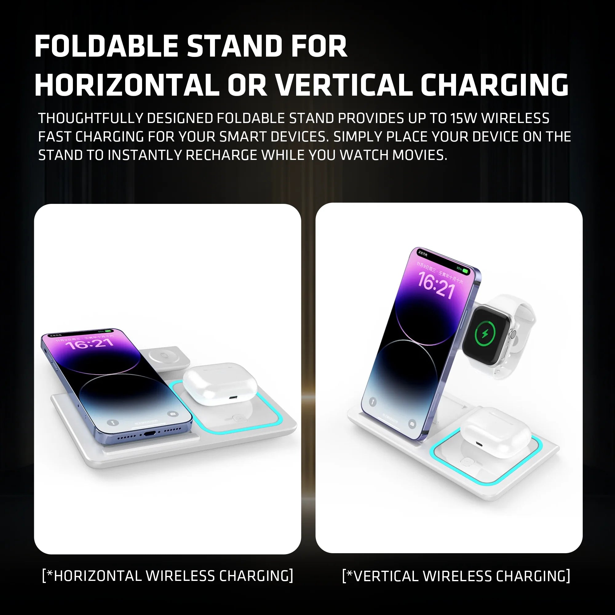 3-In-1 Foldable Wireless Charging Stand 15W/10W/7.5W/5W Multi Device Fast Wireless Charger for Smartphone Smart Watch Earphones