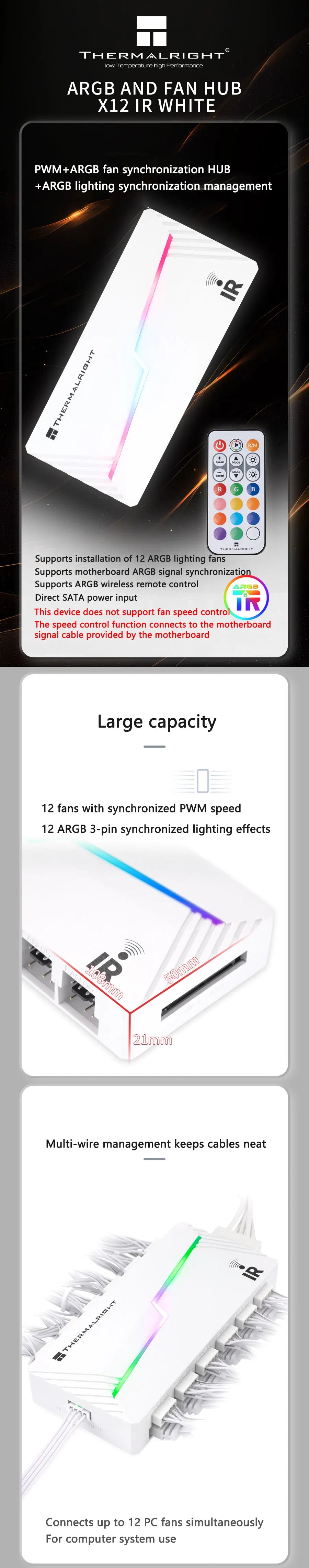 Thermalright TL-ARGB & FAN HUB Computer fan hub，ARGB And PWM Light and speed synchronization/Included remote control
