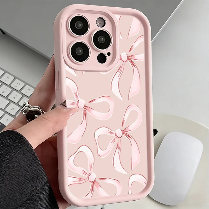 Soft TPU Case For  IPhone 17promax/17air 16 15 14 13 12 11 Pro Max X XS Anti-drop silicone phone case.Girl's pink ribbon bow