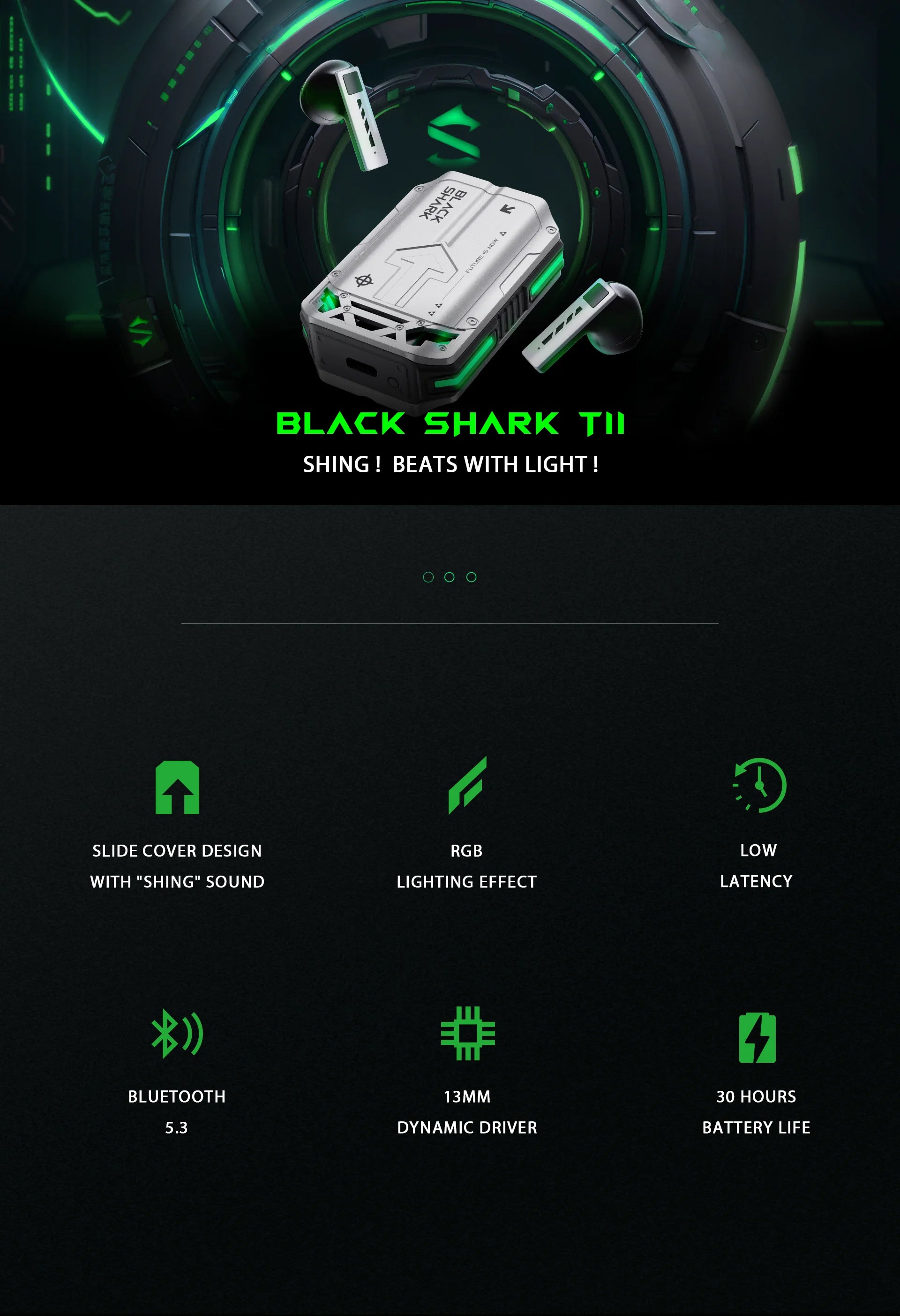 Black Shark T11 TWS Wireless Earbuds with Active Noise Cancellation, Bluetooth 5.3, 30 Hour Battery Life, RGB Light, Low Latency