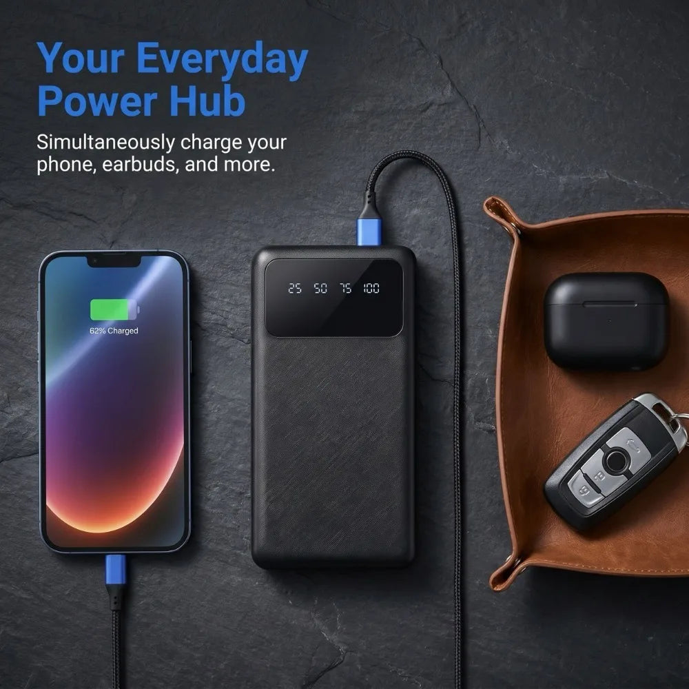 20000mAh Large Capacity Power Bank, 5V 2.1A Portable USB Charger with LED Digital Display, Dual USB Output Ports, Type-C & Micro Dual Inputs, Safe Stable Lithium Polymer Battery, Compatible with iOS & Android Devices