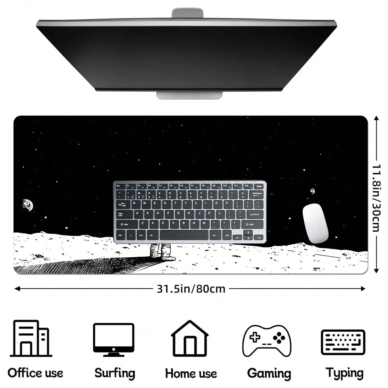 Space Astronaut Gaming Mouse Pad Abstract Sky Mouse Pad Black White Texture Non-Slip Rubber Base Large Mousepad Stitched Edges Keyboard Mouse Mat Desk Pad For