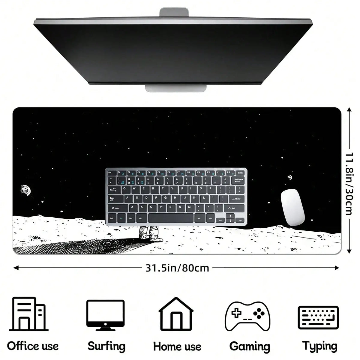 Space Astronaut Gaming Mouse Pad Abstract Sky Mouse Pad Black White Texture Non-Slip Rubber Base Large Mousepad Stitched Edges Keyboard Mouse Mat Desk Pad For