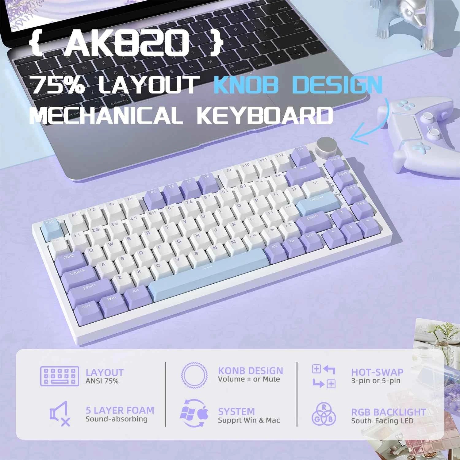 A.JAZZ AK820 Hot Swappable Mechanical Keyboard,75% TKL RGB Backlit Wired Gaming Keyboard with Knob Control,Poron Foam