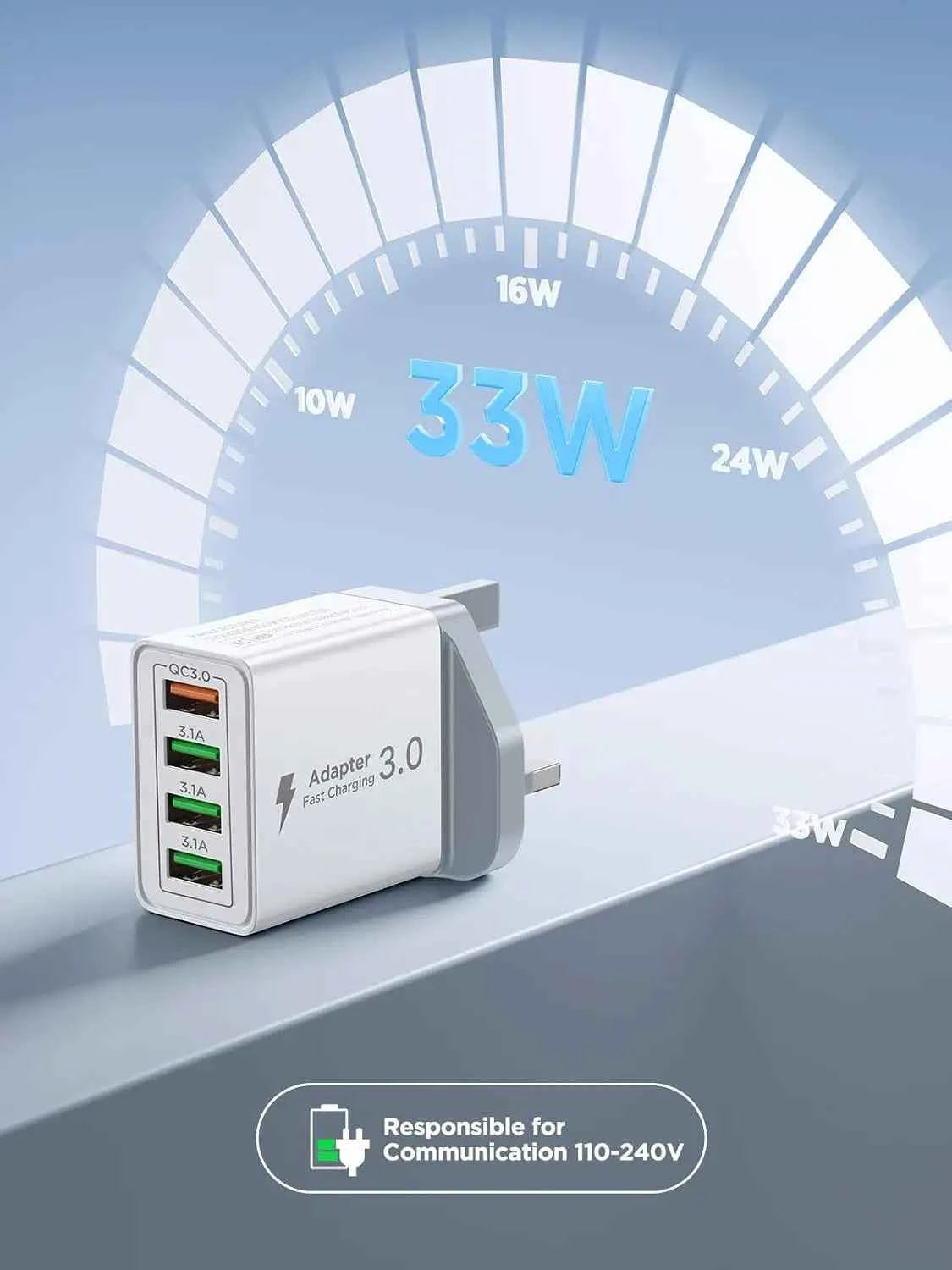 UK Plug 4-Port USB-A Wall Charger Block, 33W QC3.0 Fast Charging Adapter Phone Chargers Blocks For iPhone Huawei Xiaomi