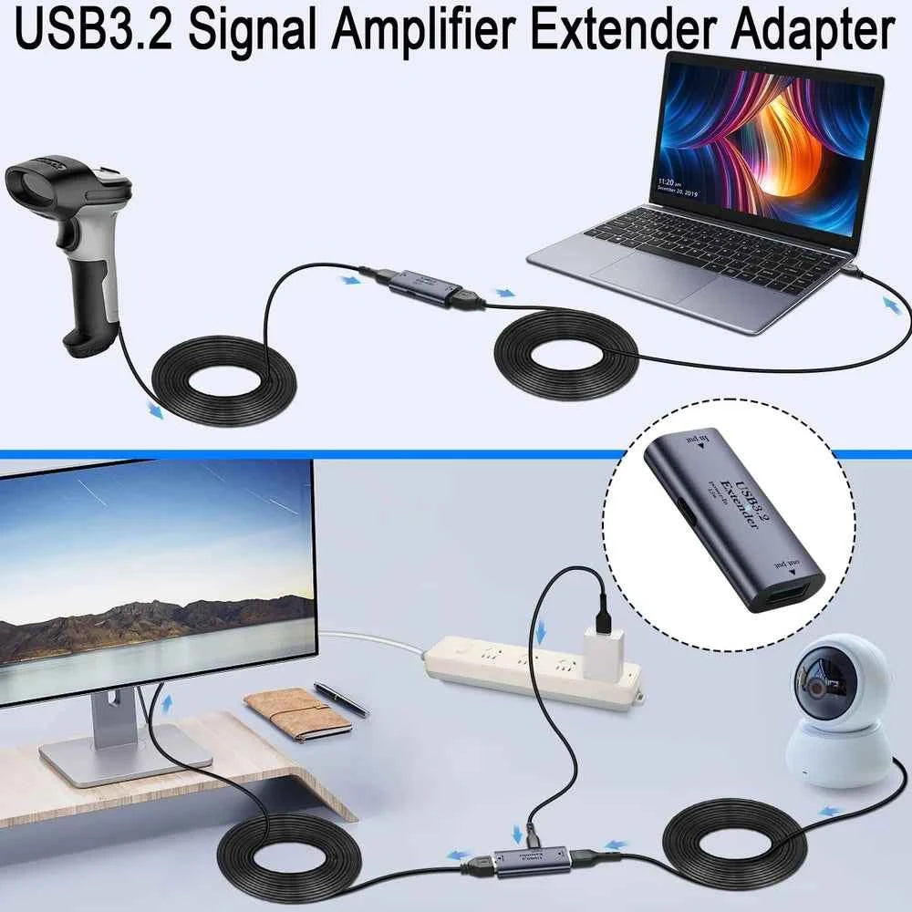 USB3.2 5Gbps 10m/33ft Long-Distance Data Extender Active Signal Amplifier Adapter with 5V/3A Power in, Compact Aluminum Design