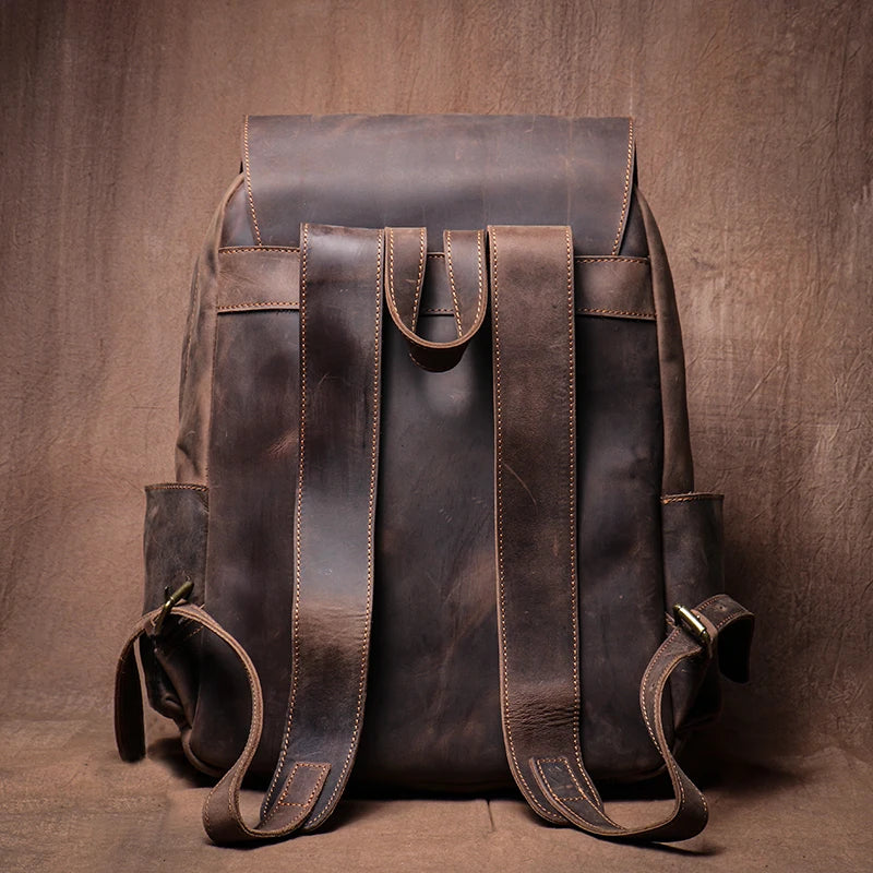 LUOKIR Genuine Leather Laptop Backpack 15 Inch – Vintage Crazy Horse Cowhide Business Travel Backpack for Men, Luxury School Computer Bag